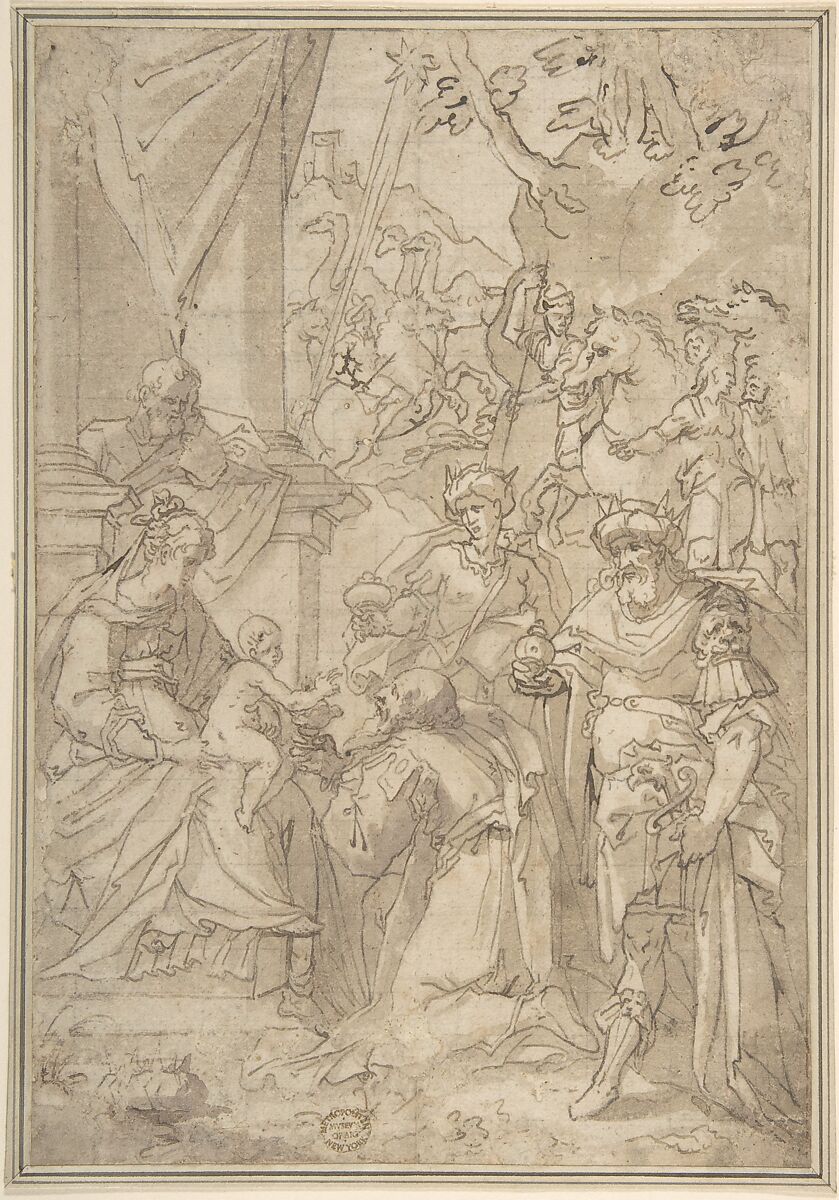 Adoration of the Magi, Anonymous, Italian, Genoese, 16th century, Pen and brown ink, washed 