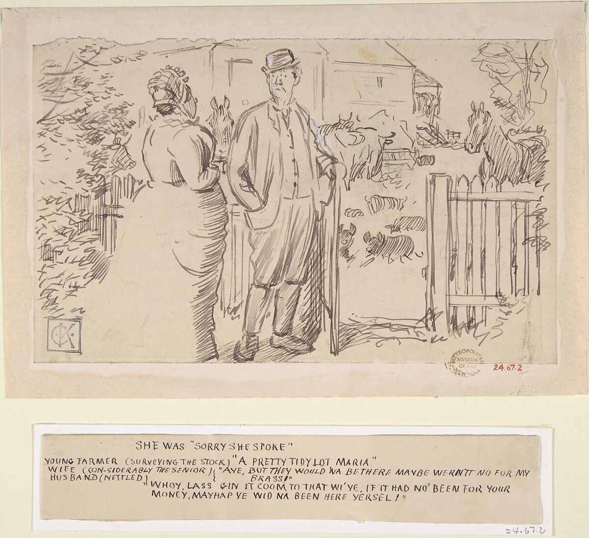 She was "Sorry She Spoke", Charles Samuel Keene (British, Hornsey, Middlesex 1823–1891 London), Pen and brown ink, brush and wash, touches of white gouache (bodycolor) 