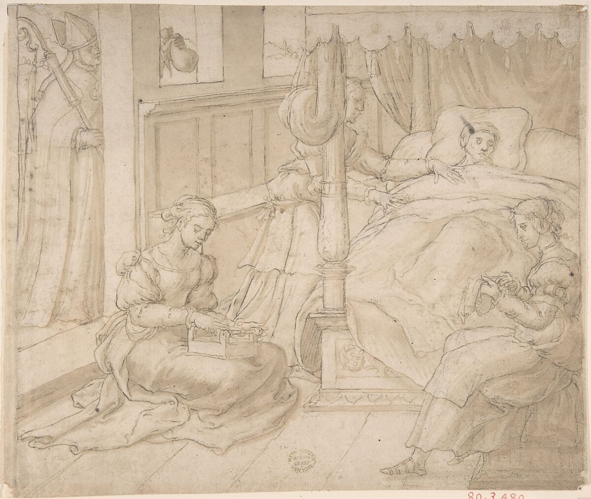 St. Nicholas and the Three Daughters of the Poor Gentleman, Circle of Jan Swart van Groningen (Netherlandish, Groningen ca. 1490/1500–1553 or later Antwerp), Pen and brown ink, washed 