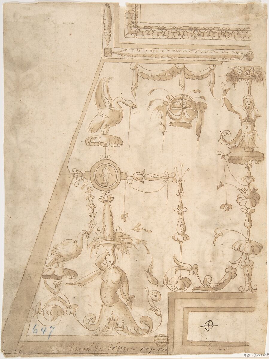 Wall or Cove Decoration, Anonymous, Italian, 16th century (Italian, active Central Italy, ca. 1550–1580), Pen and brown ink, washed 