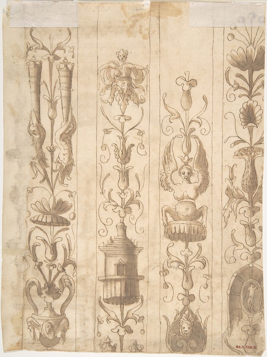 Wall or Cove Decoration, Anonymous, Italian, 16th century (Italian, active Central Italy, ca. 1550–1580), Pen and brown ink, washed
