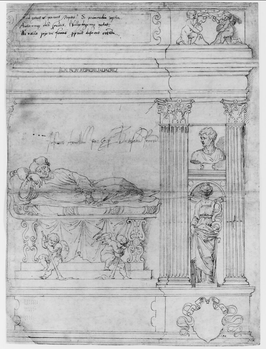 Design for the Right-hand Section of the Tomb of Cardinal Francesco Armellini, Baldassare Tommaso Peruzzi (Italian, Ancaiano 1481–1536 Rome) or workshop, Pen and brown ink, over faint traces of leadpoint, or black chalk, and stylus-ruling 