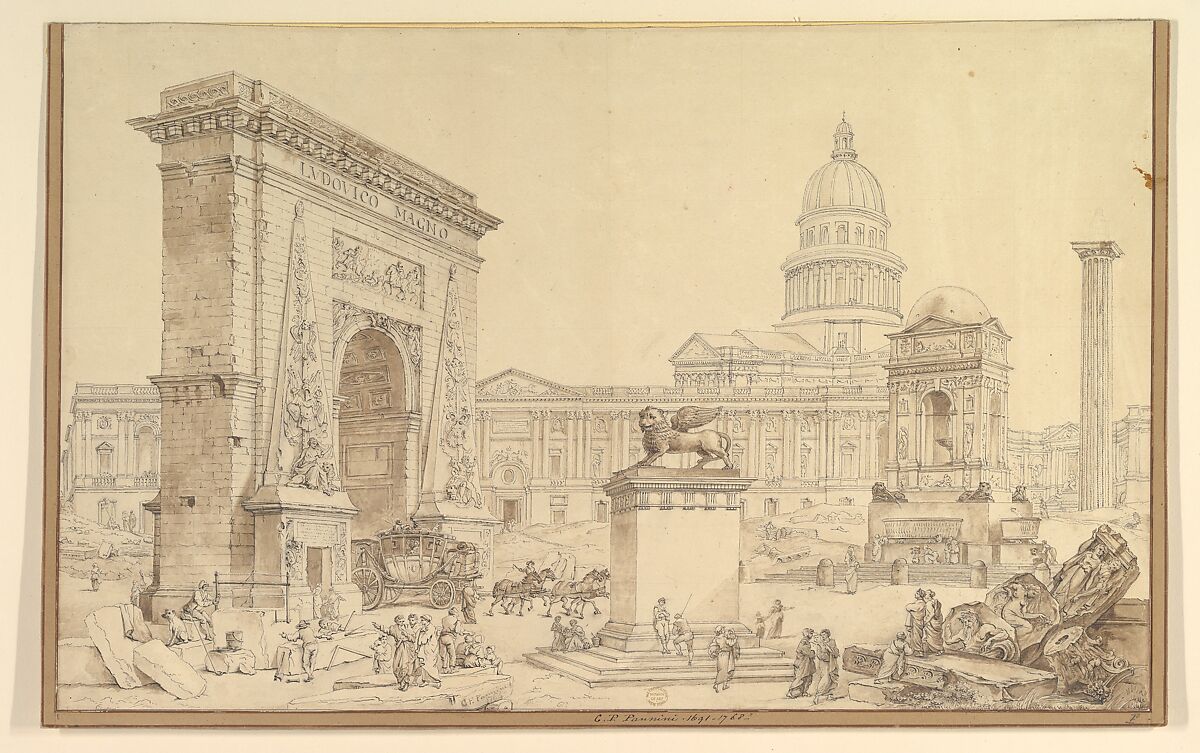 Monuments of Paris, Régine Carey (German, born Nuremberg, ca. 1760–1821), Pen and brown ink, brown wash 