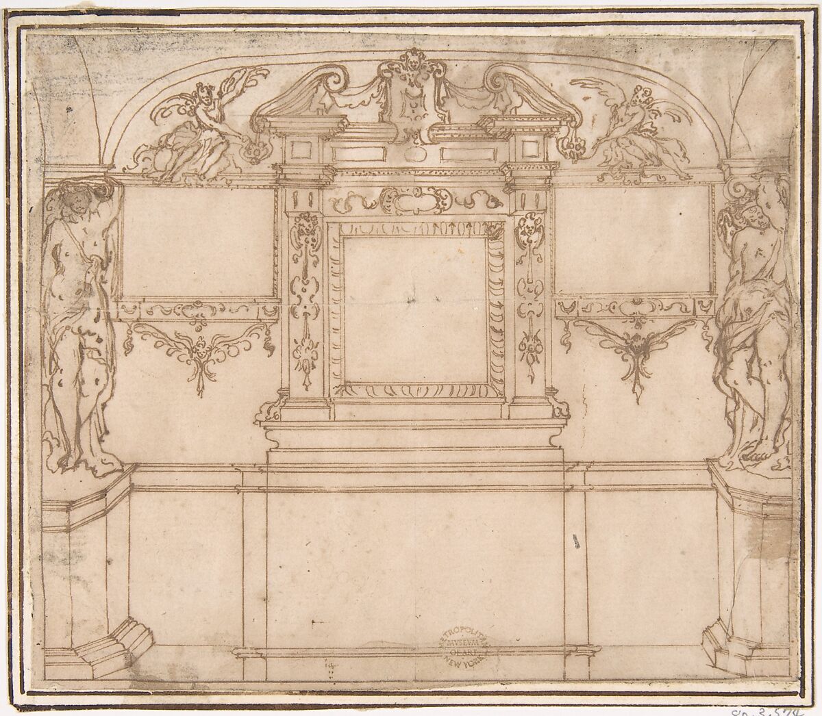 Wall Decoration, Anonymous, Italian, 16th century (Italian, active Central Italy, ca. 1550–1580), Pen and brown ink 