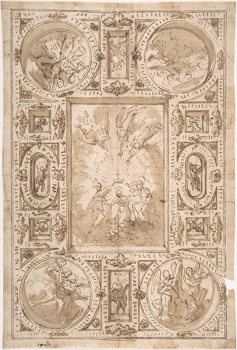 Ceiling, Anonymous, Italian, 17th century, Pen and brown ink, brush and brown wash 