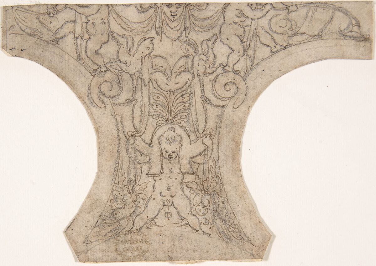 Decoration for a Spandrel in a Cove, Anonymous, Italian, 16th century (Italian, active Central Italy, ca. 1550–1580), Pen and brown ink, over black chalk 