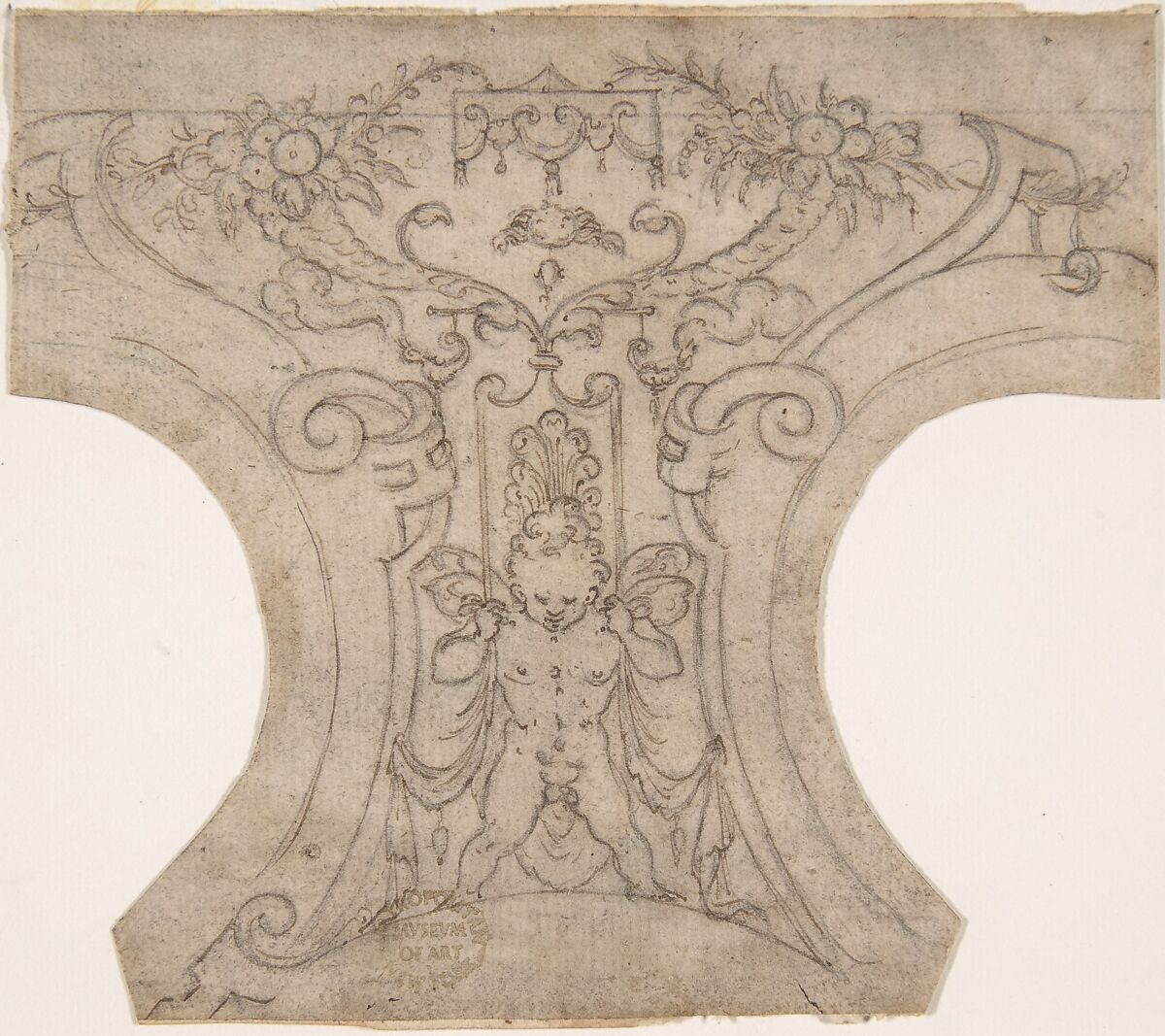 Decoration for a Spandrel in a Cove, Anonymous, Italian, 16th century (Italian, active Central Italy, ca. 1550–1580), Pen and brown ink, over black chalk 