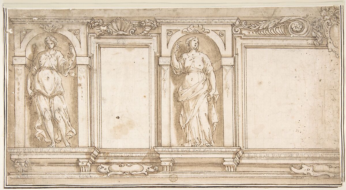 Design for Wall Decoration with Two Female Figures, Il Pomarancio (Niccolò Circignani) (Italian, Pomarance ca. 1517–after 1597 Città della Pieve), Pen and brown ink, brush and brown wash, over black chalk 