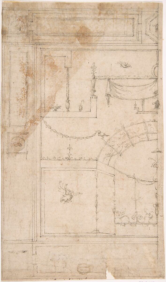 Design for the Decoration of a Wall with Grotteschi in the Antique-Style, Luzio Luzzi (also known as Luzio Romano, Luzio da Todi) (Italian, active Rome, documented 1519–1582), Pen and brown ink, brush and brown wash, over traces of black chalk or leadpoint, ruling and compass work; glued onto secondary paper support 