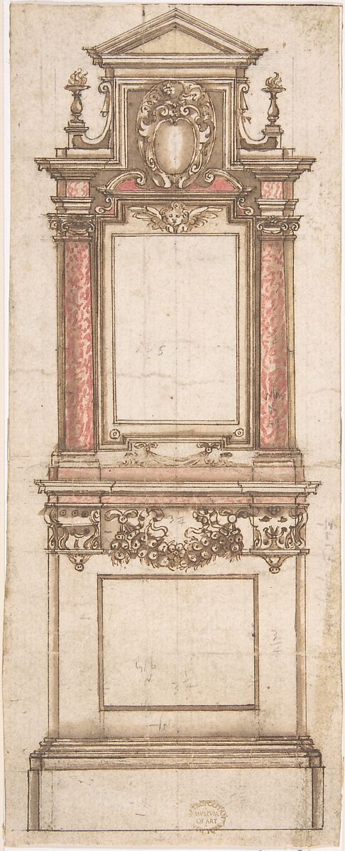 Frame, Anonymous, Italian, 16th century (Italian, active Central Italy, ca. 1550–1580), Pen and brown ink, washed with brown ink and red 