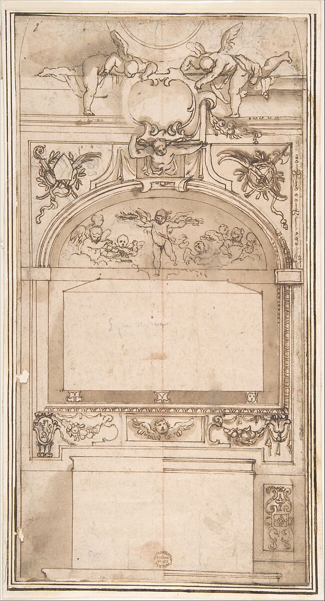 Wall Monument, Anonymous, Italian, 16th century (Italian, active Central Italy, ca. 1550–1580), Pen and brown ink, washed 