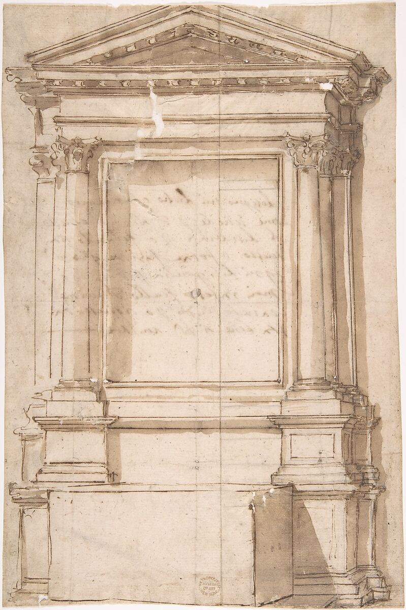 Architectural Frame for Altar, Anonymous, Italian, 16th century (Italian, active Central Italy, ca. 1550–1580), Pen and brown ink, washed 