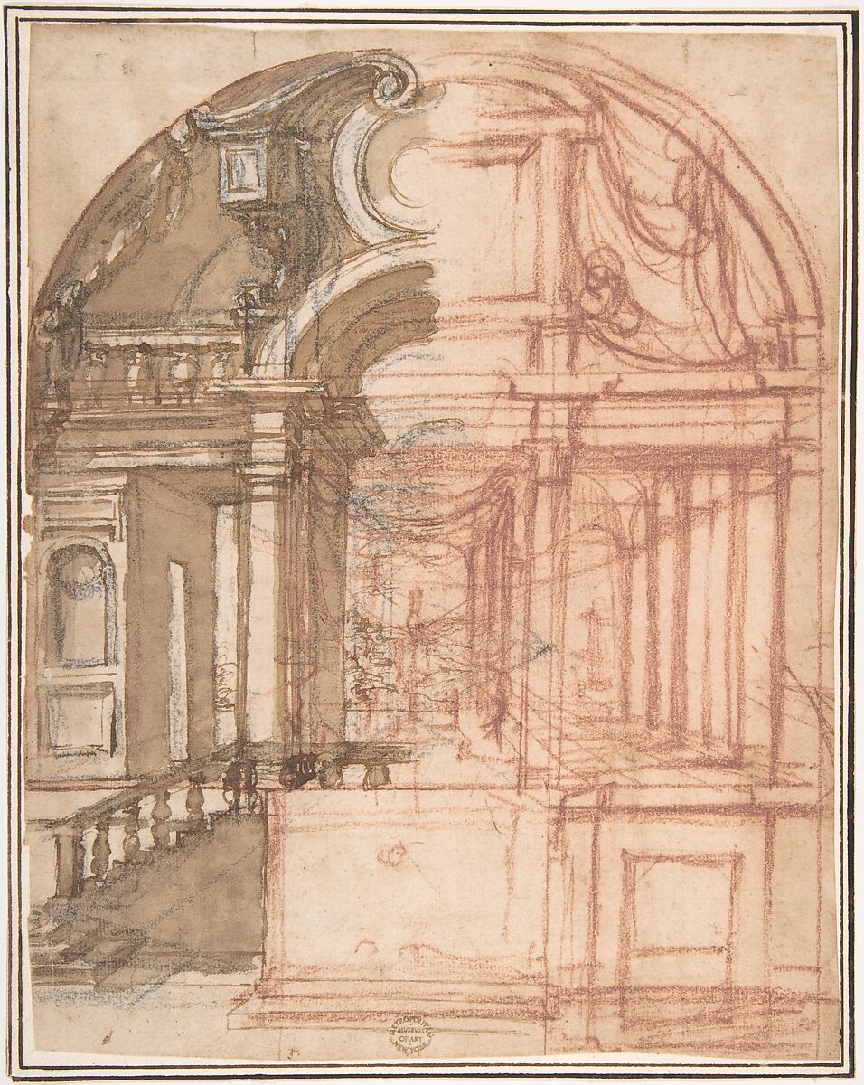 Project for Decoration (Stage Setting), Anonymous, Italian, 16th century (Italian, active Central Italy, ca. 1550–1580), Left half: black chalk and brown ink wash; right half: red chalk 