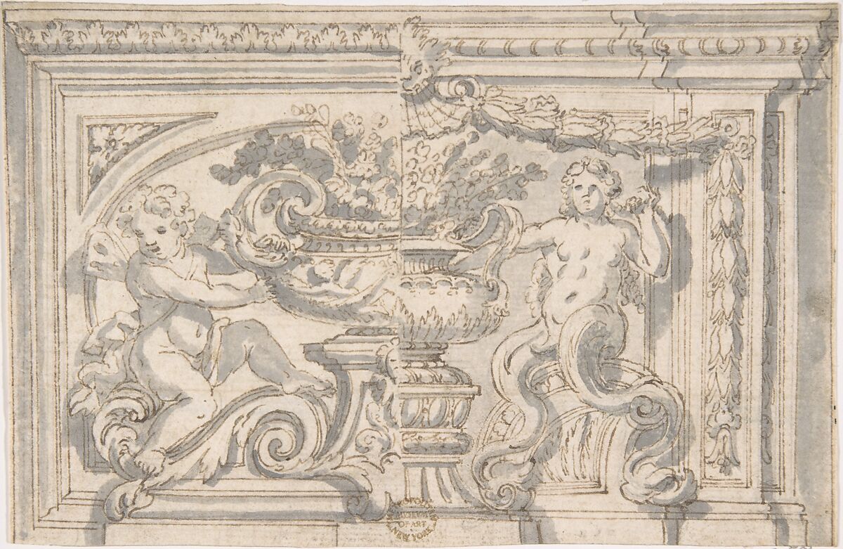 Alternate Panel Designs with Urn and Putto, Anonymous, Italian, 17th century, Pen and brown ink, washed with gray 