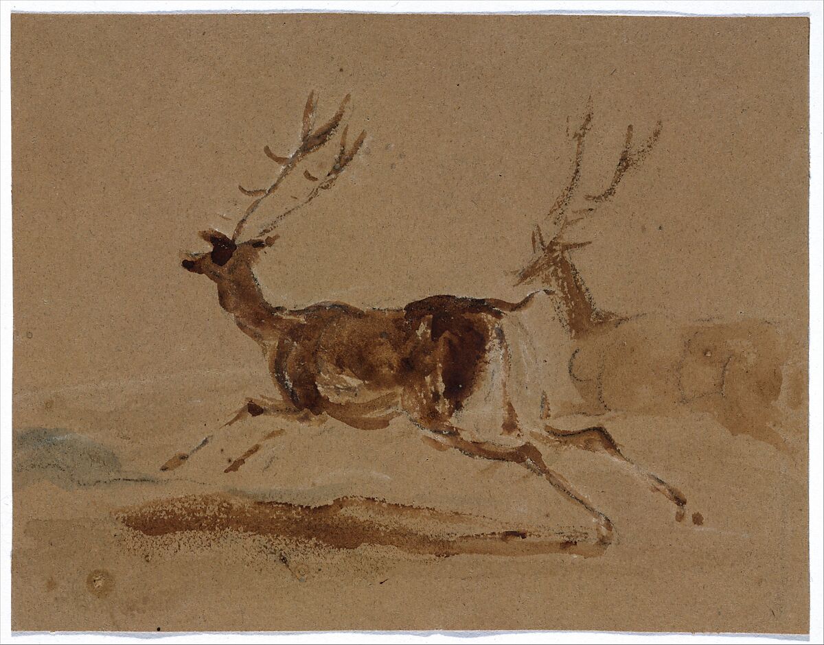 Two stags running, Sir Edwin Henry Landseer (British, London 1802–1873 London), Brush and brown wash over graphite 