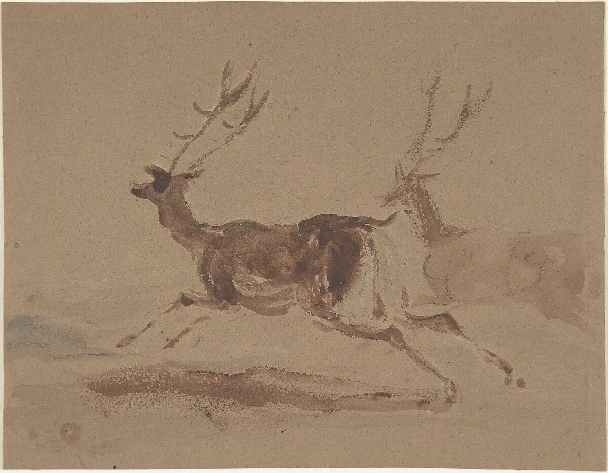 Two stags running, Sir Edwin Henry Landseer (British, London 1802–1873 London), Brush and brown wash over graphite