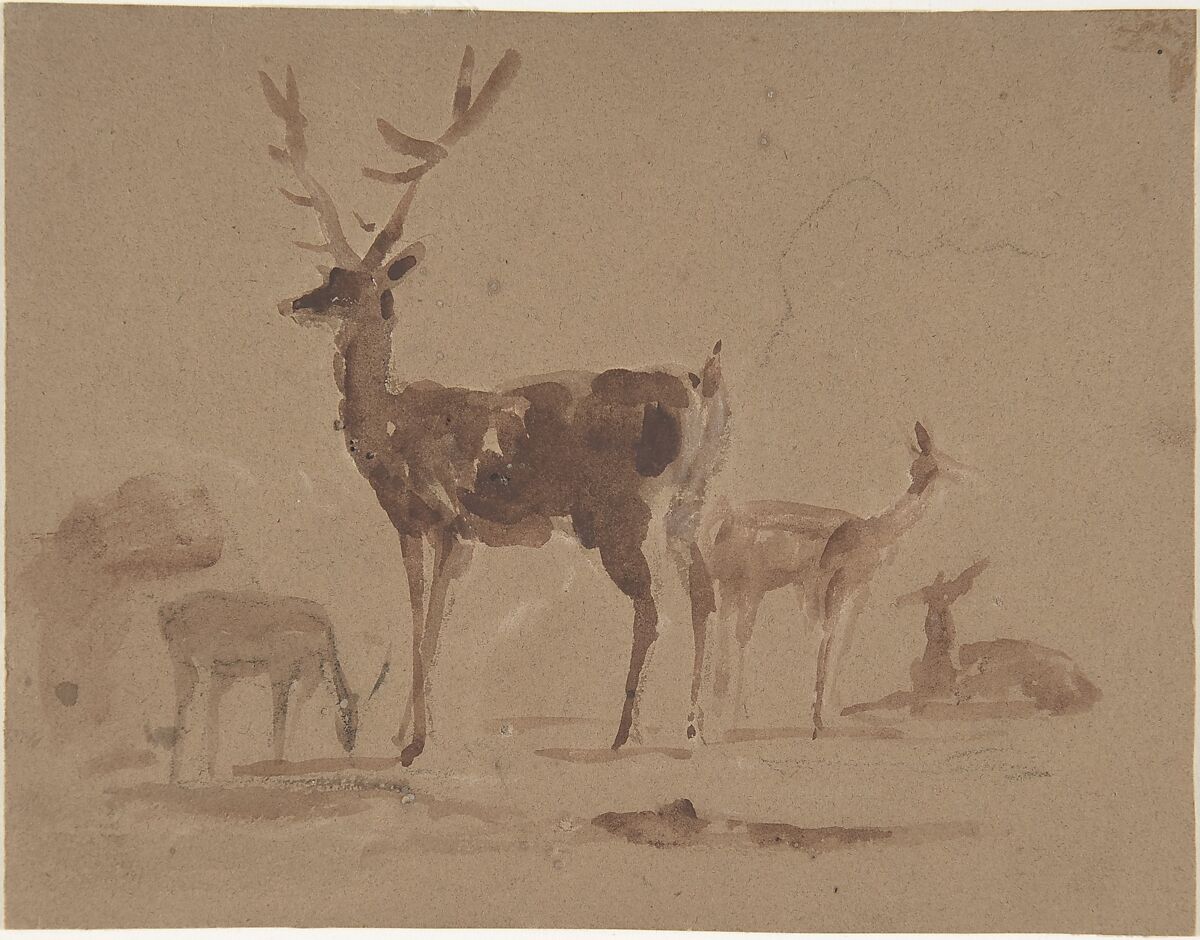 Stag and does, Sir Edwin Henry Landseer (British, London 1802–1873 London), Brush and brown wash over graphite 