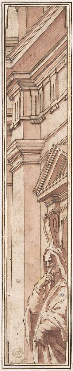 Facade (for Stage Setting), Anonymous, Italian, 16th century (Italian, active Central Italy, ca. 1550–1580), Pen and brown ink, washed with red 