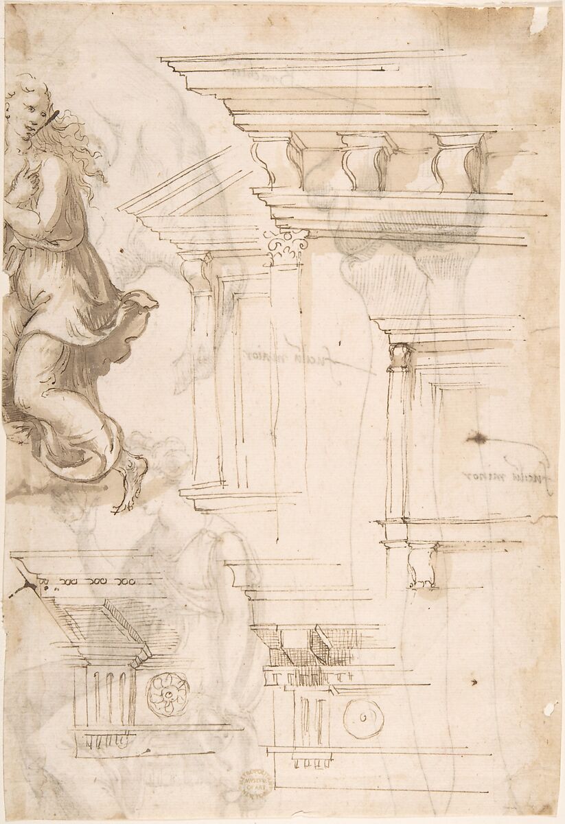 Architectural Sketches and a Figure (recto); Figure and Anatomical Sketches (verso), Anonymous, Italian, 16th century (Italian, active Central Italy, ca. 1550–1580), Pen and brown ink, brown wash 