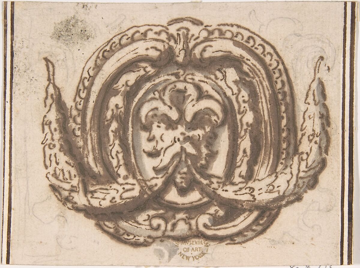 Ornament for Cartouche, Anonymous, Italian, 16th century (Italian, active Central Italy, ca. 1550–1580), Pen and brown ink, washed 