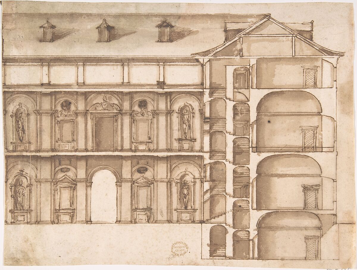 Elevation and Section, Anonymous, Italian, 16th century (Italian, active Central Italy, ca. 1550–1580), Pen and brown ink, washed 