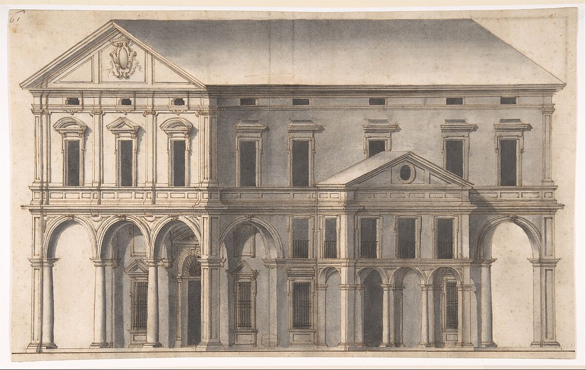 Project for a Public Building on a Square, Anonymous, Italian, 16th century (Italian, active Central Italy, ca. 1550–1580), Pen and brown ink, gray wash 