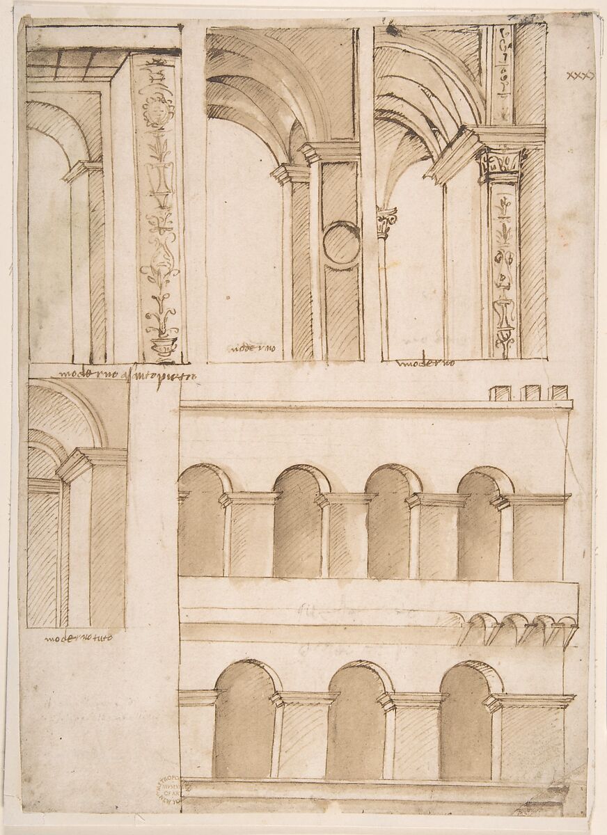 Architecture Study containing Details of One or Several Buildings (possibly part of the street-facing architecture of old Saint Peter's Square in Rome), Anonymous, Italian, 16th century (Italian, active Central Italy, ca. 1550–1580) (Baccio Pontelli ?), Pen and brown ink, washed 