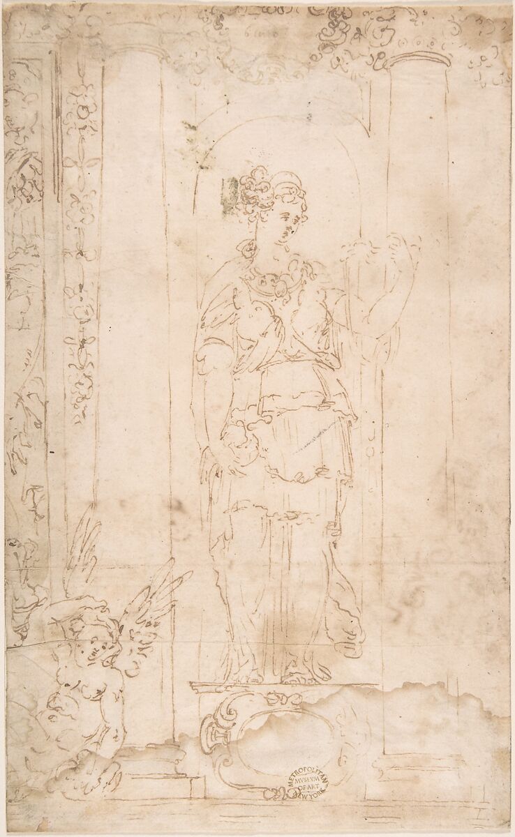 Allegory or Goddess (Juno?), Copy after Perino del Vaga (Pietro Buonaccorsi) (Italian, Florence 1501–1547 Rome), Pen and brown ink 