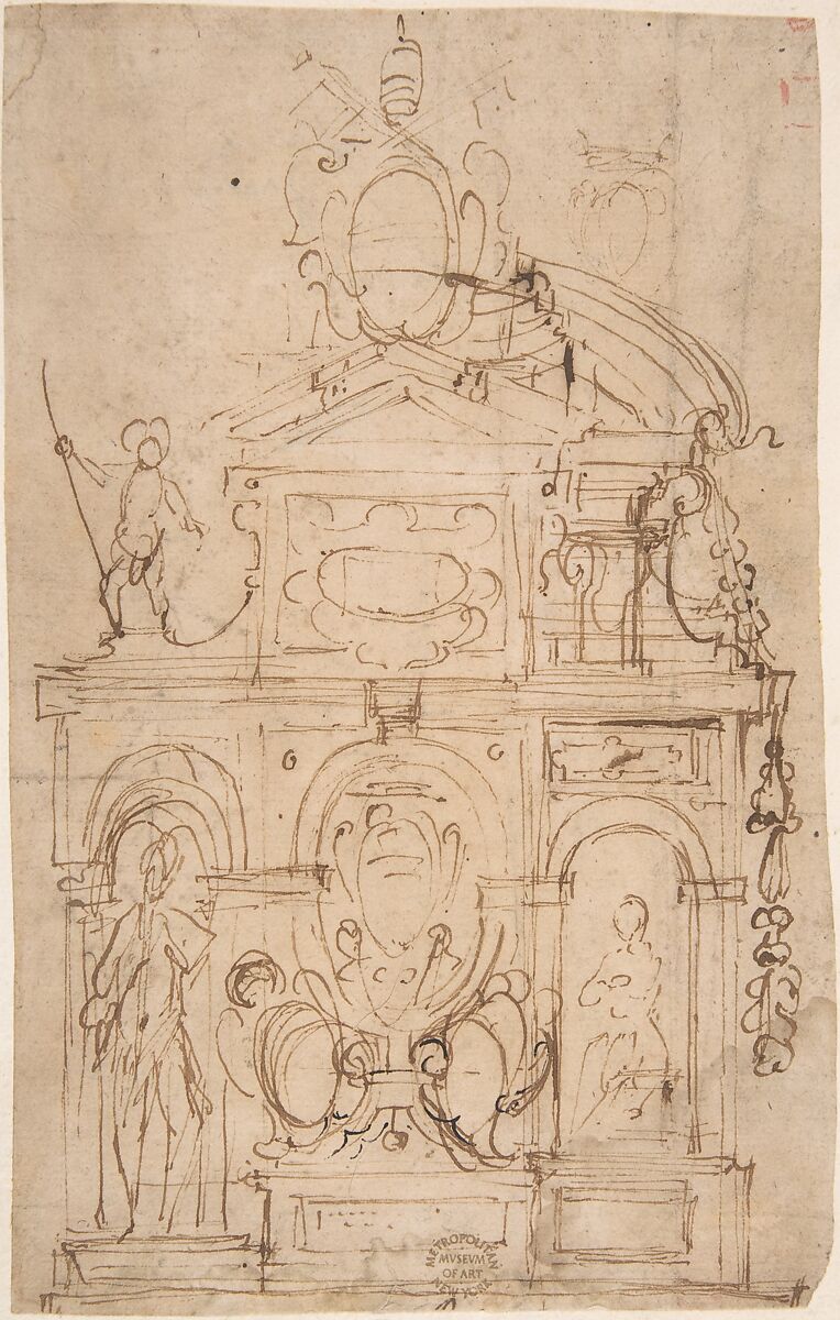 Sketch for Wall Monument, Anonymous, Italian, 16th century (Italian, active Central Italy, ca. 1550–1580), Pen and brown ink 