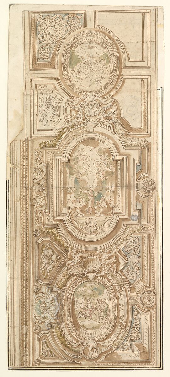 Design for the Decoration of an Arched Ceiling, Anonymous, Italian, 17th century, Pen and brown ink, washed and tinted 