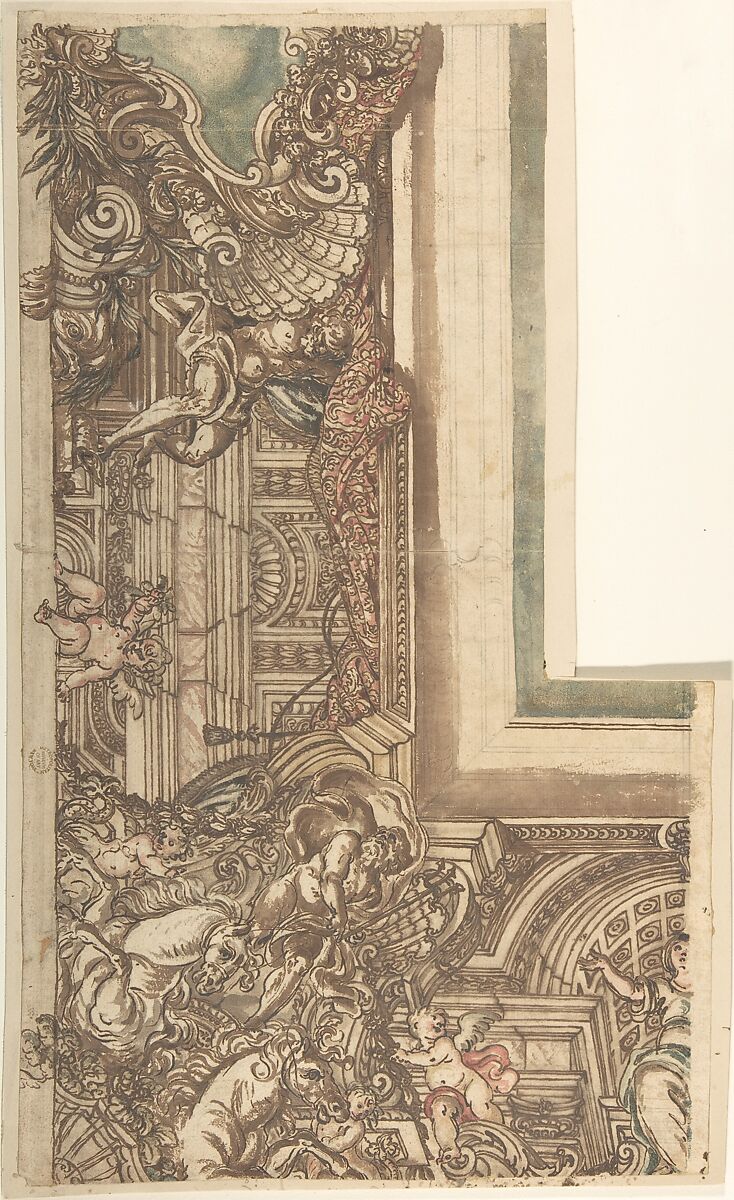 Ceiling Design with Neptune in Corner, Anonymous, Italian, 17th century, Pen and brown ink, washed with brown, red and green 