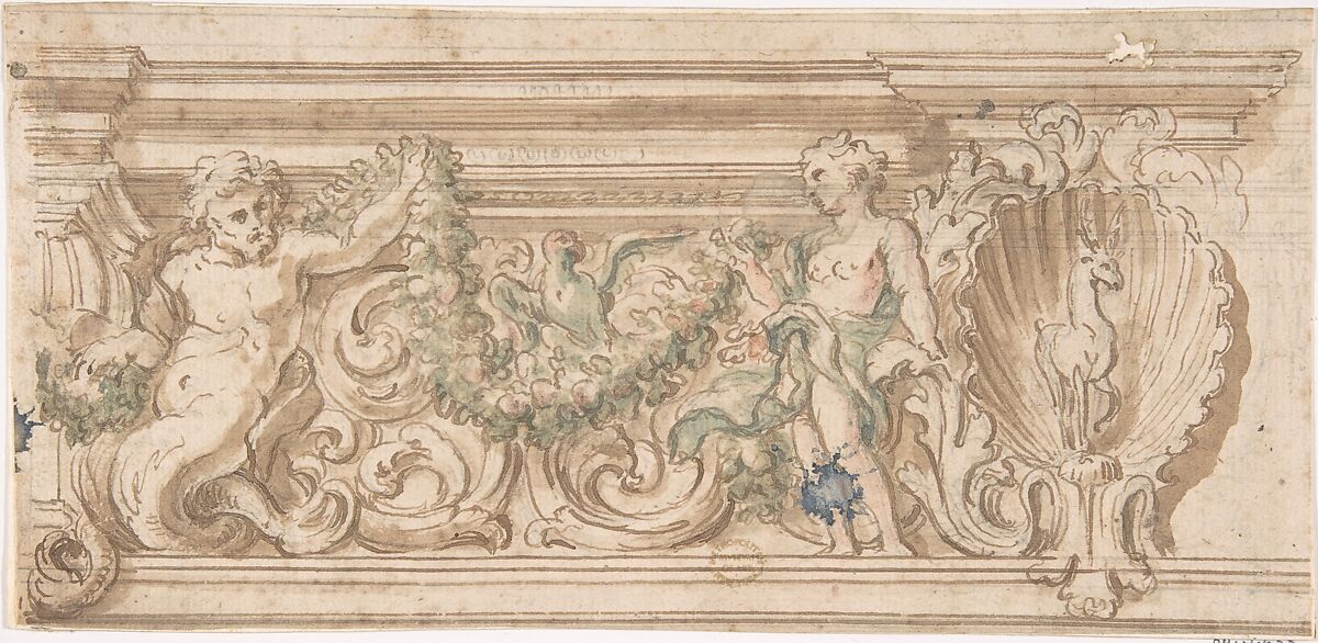 Ceiling Decoration, Anonymous, Italian, 17th century, Pen and brown ink, brush and pink and green wash 