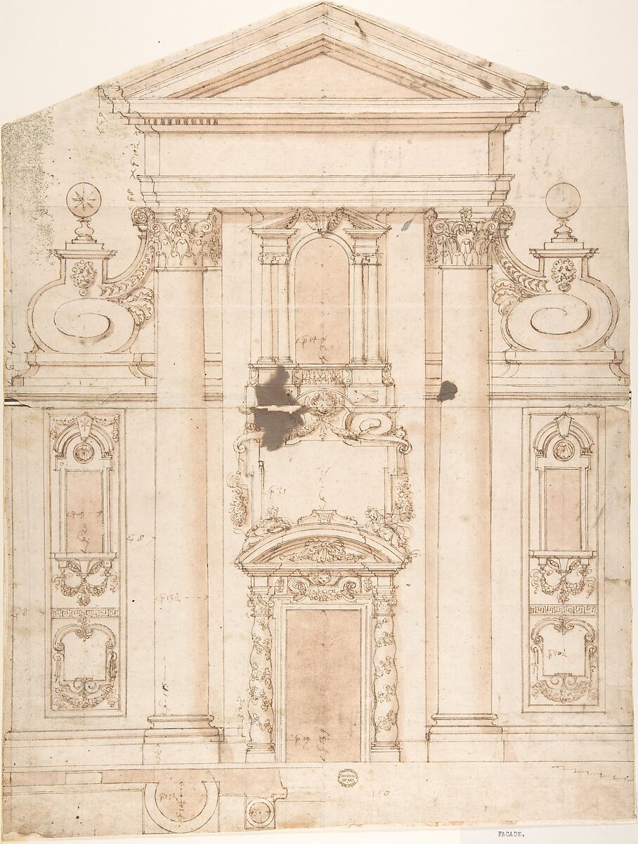 Project for a Church Facade, Anonymous, Italian, 17th century, Pen and brown ink, washed, and tinted with pink 