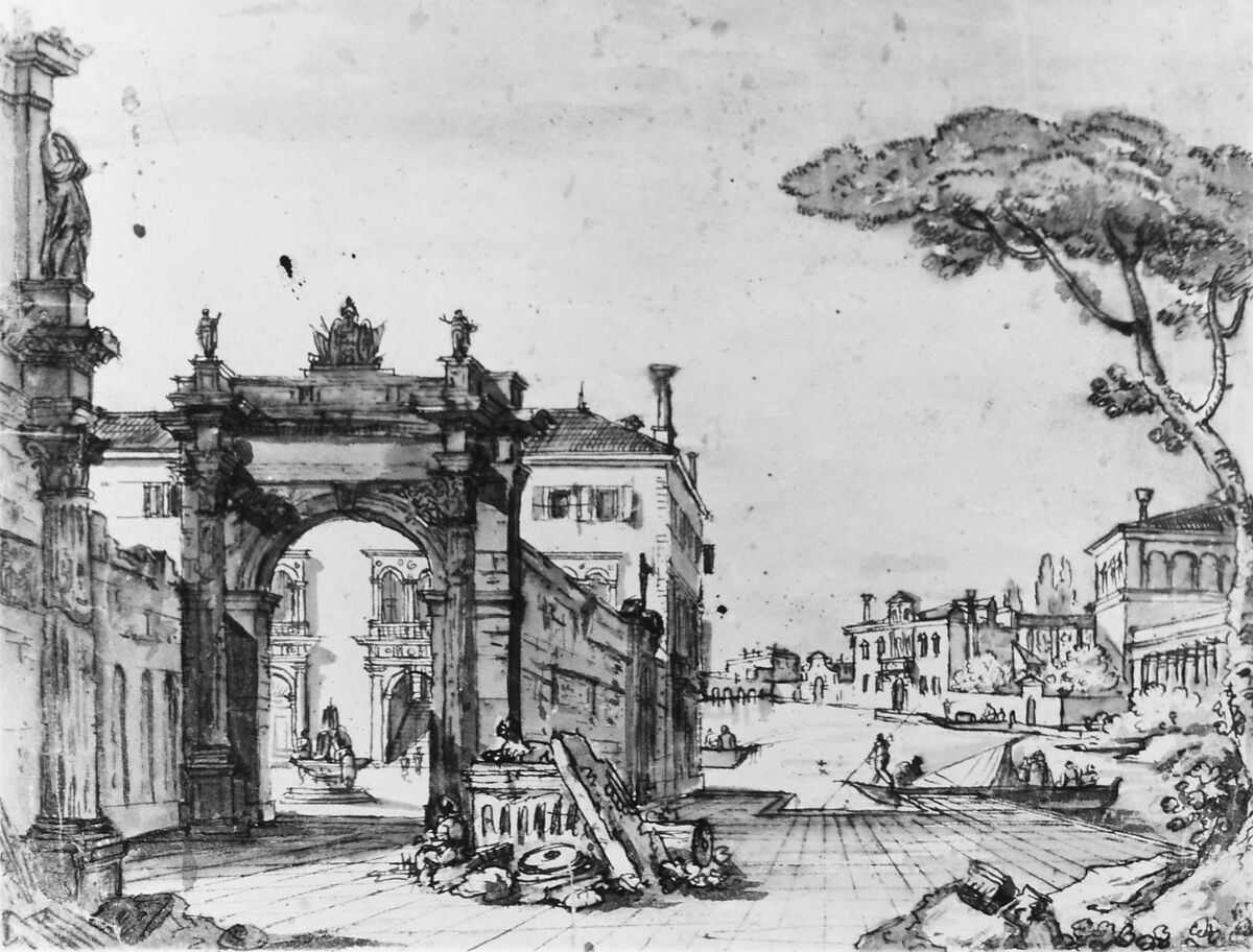 Venetian scene, Anonymous, Italian, 18th century, Pen and brown ink, brown wash