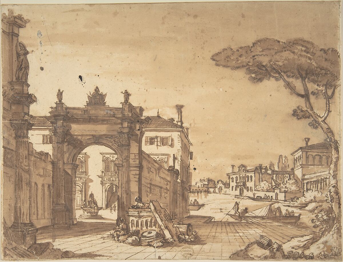 Venetian scene, Giovanni Larciani ("Master of the Kress Landscapes") (Italian, 1484–1527), Pen and brown ink, brown wash 