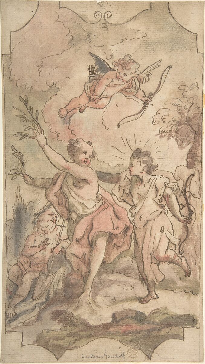 Apollo and Daphne: Design for a Wall or Ceiling Panel, Giovanni Larciani ("Master of the Kress Landscapes") (Italian, 1484–1527), Pen and brown ink, pink and green wash 