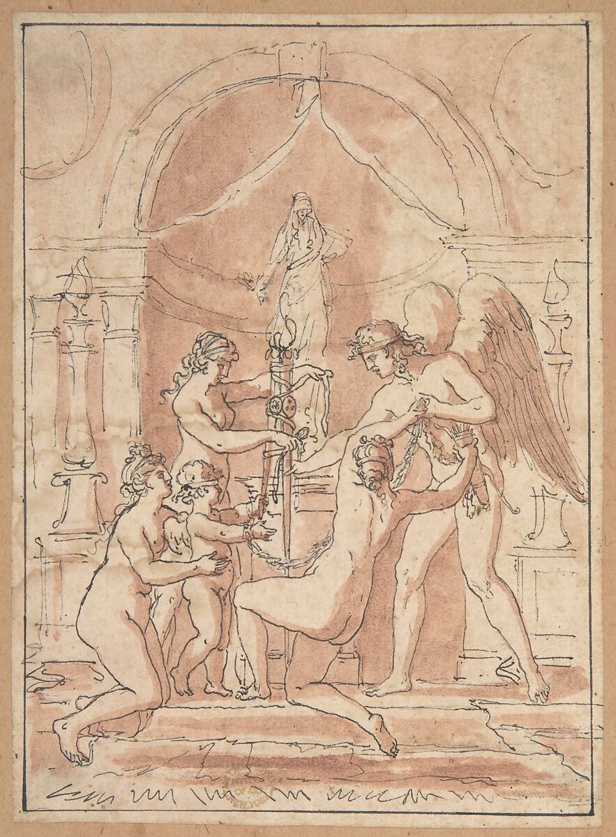 Mythological Subject, Anonymous, Italian, 19th century, Pen and ink, washed with pink 