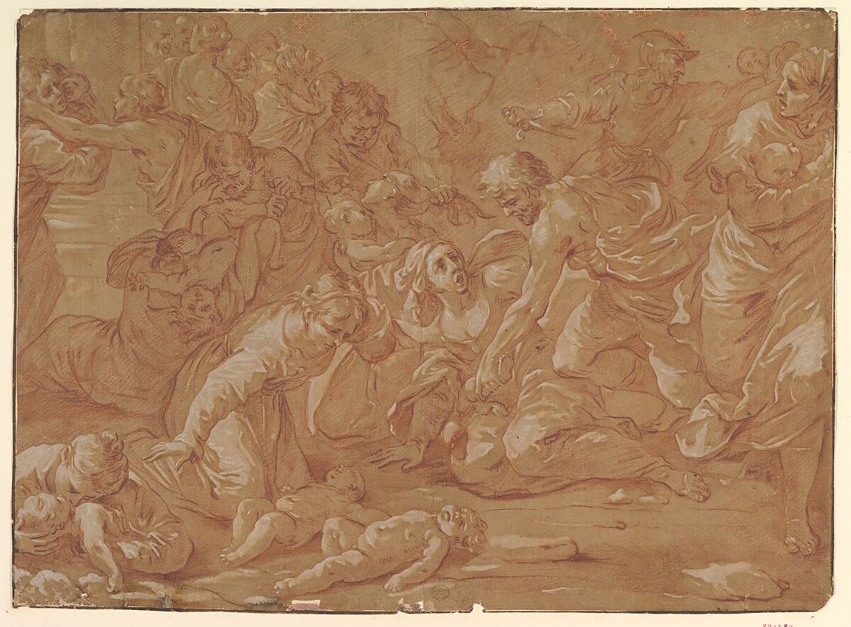 Massacre of the Innocents, Anonymous, Italian, 17th century, Red chalk, heightened with white, on brown paper 