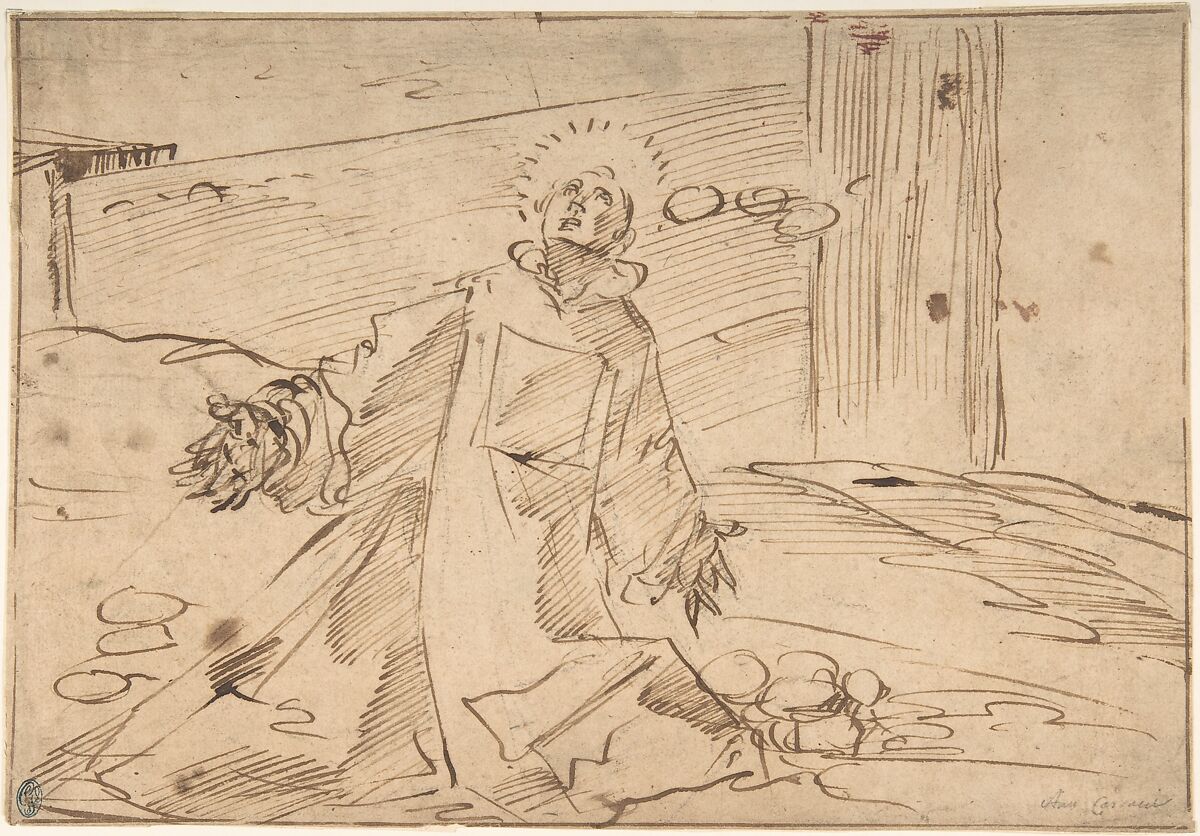 A Saint in Ecstasy (?), Anonymous, Italian, 16th century (Italian, active Central Italy, ca. 1550–1580), Pen and dark brown ink over black chalk; framing lines apparently by artist in pen and dark brown ink; glued onto secondary paper support 