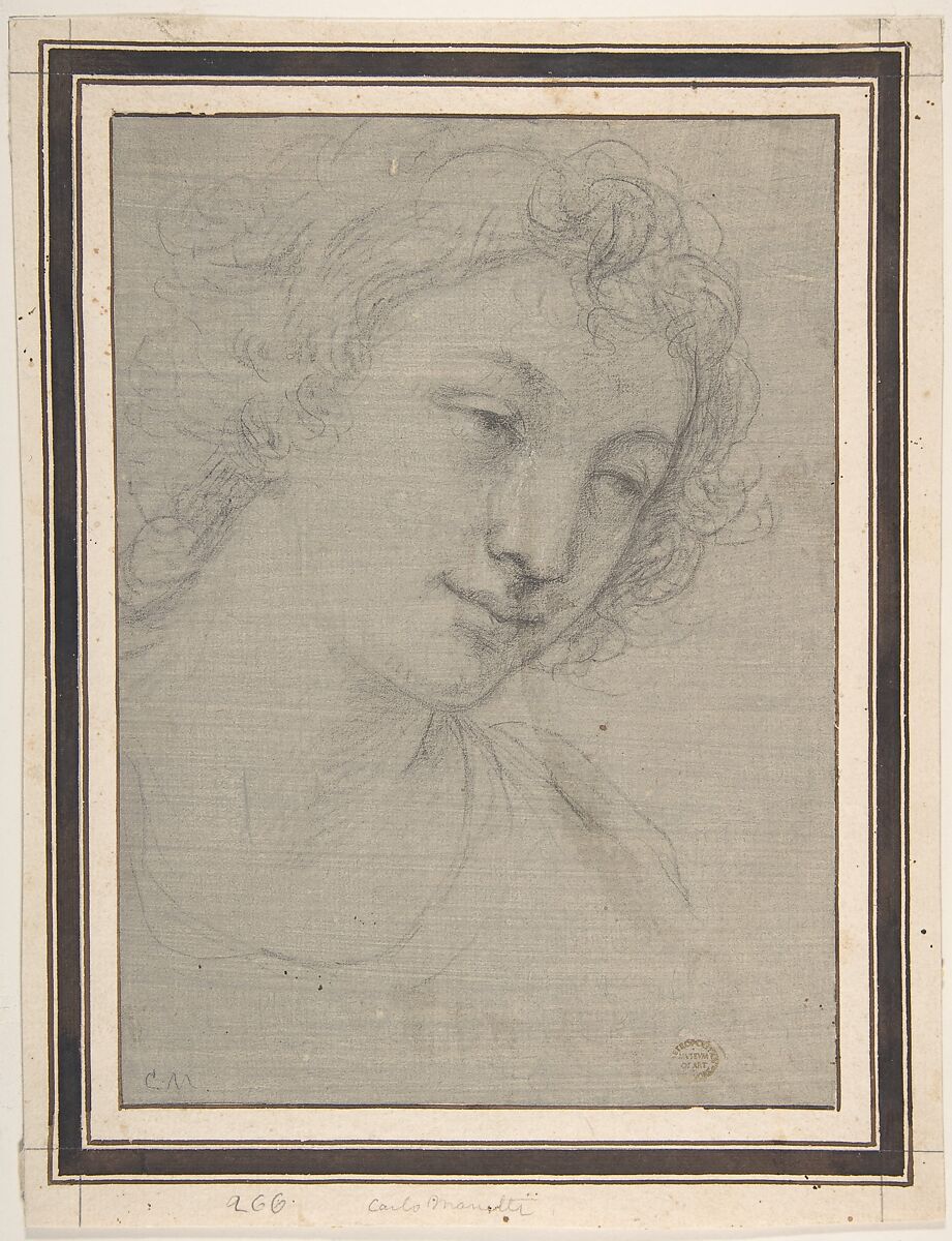 Figure of Young Man or Woman in Bust-length, in Three-Quarter View, Attributed to Carlo Maratti (Italian, Camerano 1625–1713 Rome), Black chalk on gray prepared paper 