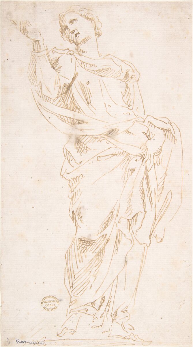 Draped Figure, Anonymous, Italian, 16th century (Italian, active Central Italy, ca. 1550–1580), Pen and brown ink 
