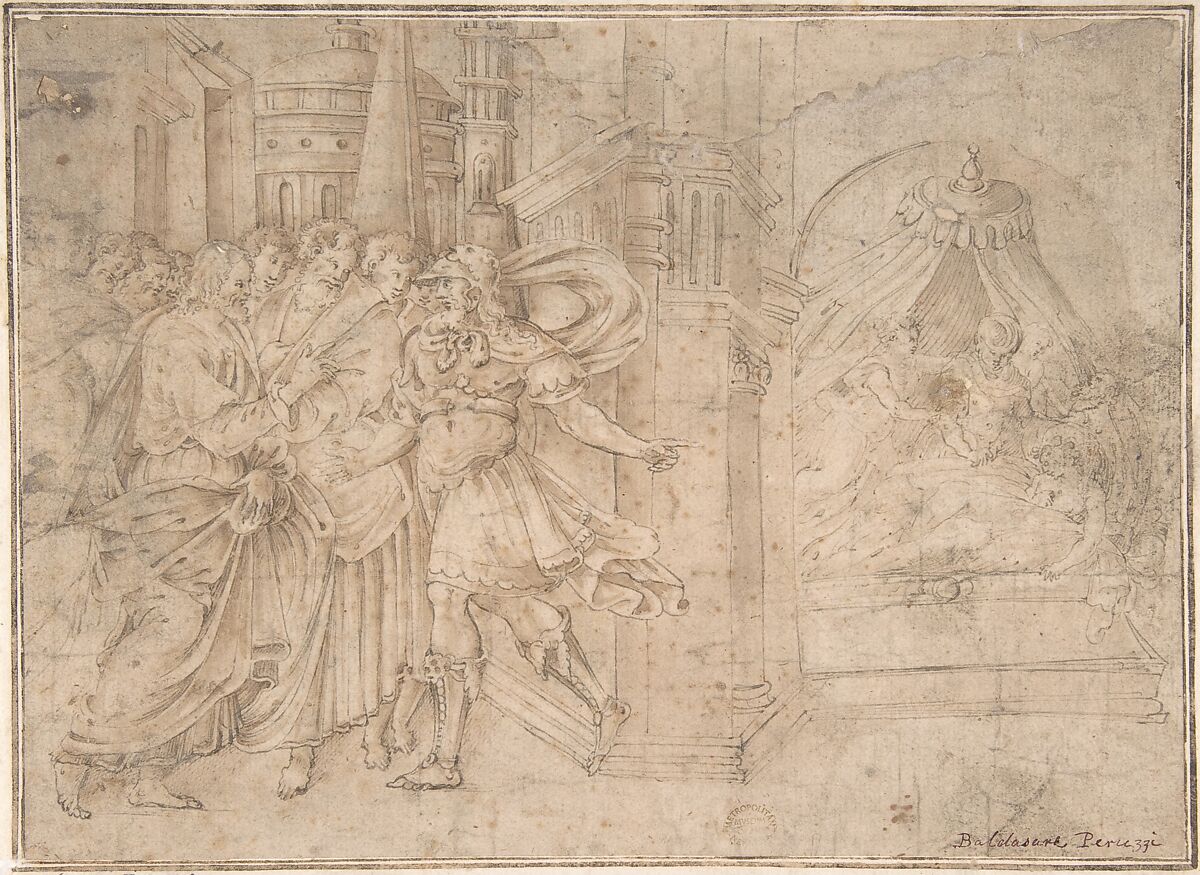 Christ and the Daughter of the Centurion, After Perino del Vaga (Pietro Buonaccorsi) (Italian, Florence 1501–1547 Rome), Pen and brown ink, brush and brown wash, over traces of black chalk 