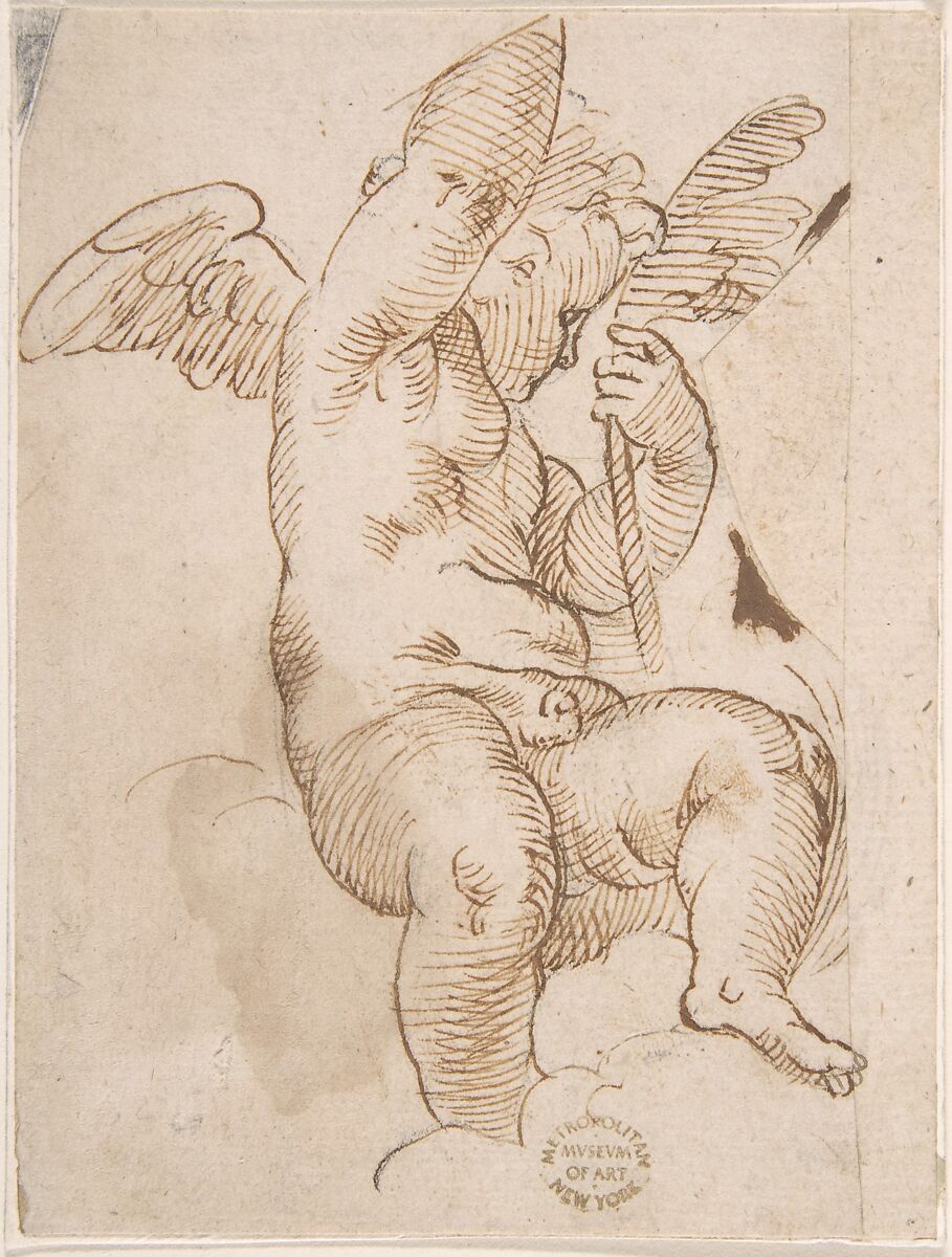 Cupid Seated on a Cloud and Holding a Palm (?), Anonymous, Italian, Emilian, mid-16th century, Pen and brown ink 