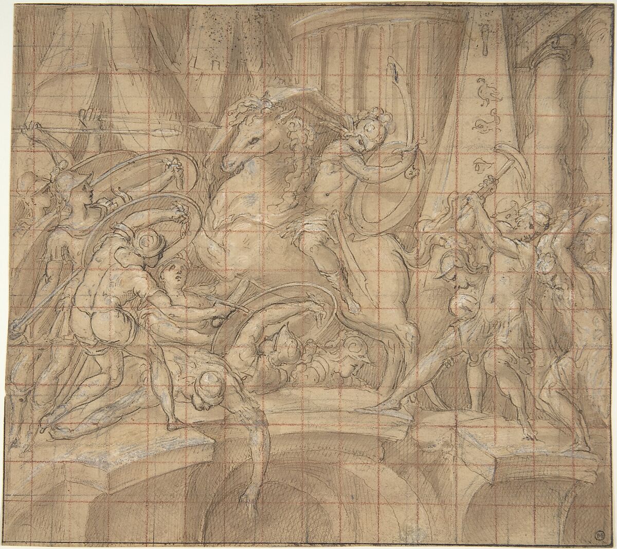 Battle Scene, Anonymous, Italian, 16th century (Italian, active Central Italy, ca. 1550–1580), Pen and black ink, brown wash, highlighted with white squared in red chalk 