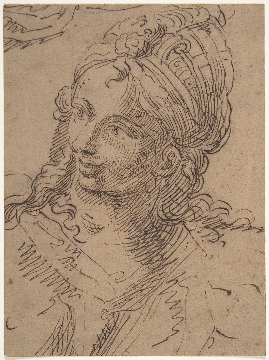 Head of Woman, Anonymous, Italian, 17th century, Pen and brown ink on tan paper with one trace of red chalk 
