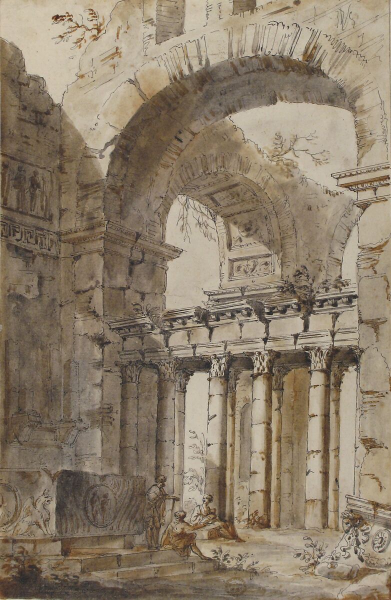 Ruins of a Basilica or Mausoleum, Giovanni Paolo Panini (Italian, Piacenza 1691–1765 Rome), Pen and gray ink, brush and brown and gray wash