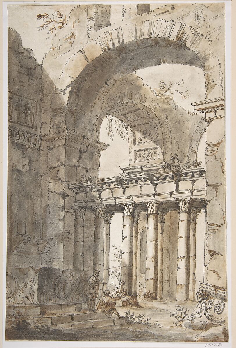 Ruins of a Basilica or Mausoleum, Giovanni Paolo Panini (Italian, Piacenza 1691–1765 Rome), Pen and ink, brush and brown and gray wash 