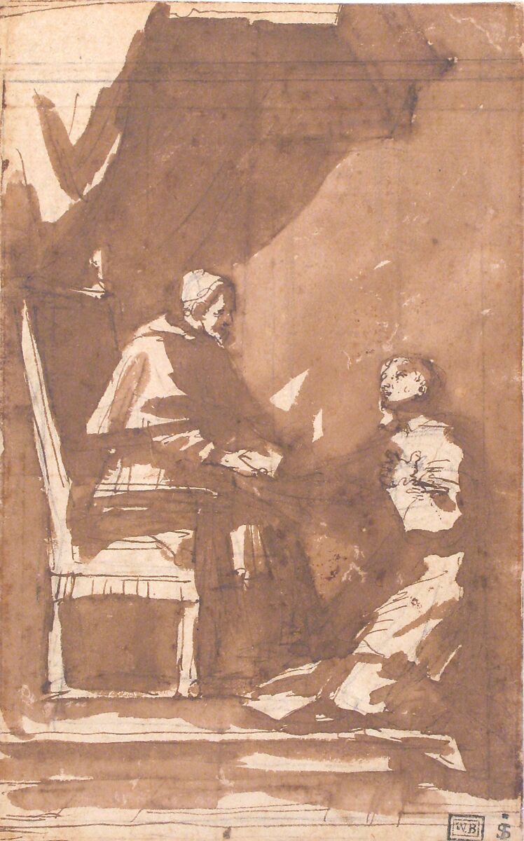 Young Cleric Kneeling before a Pope, Pietro Antonio de' Pietri (Italian, Cremia 1663–1716 Rome), Pen and brown ink, brush and brown wash, over black chalk