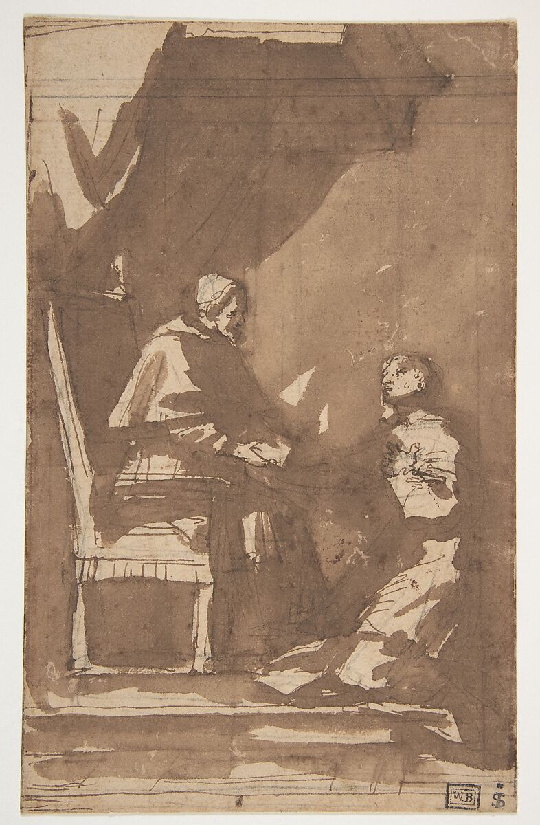 Young Cleric Kneeling before a Pope, Pietro Antonio de&#39; Pietri (Italian, Cremia 1663–1716 Rome), Pen and brown ink, brush and brown wash, over black chalk 