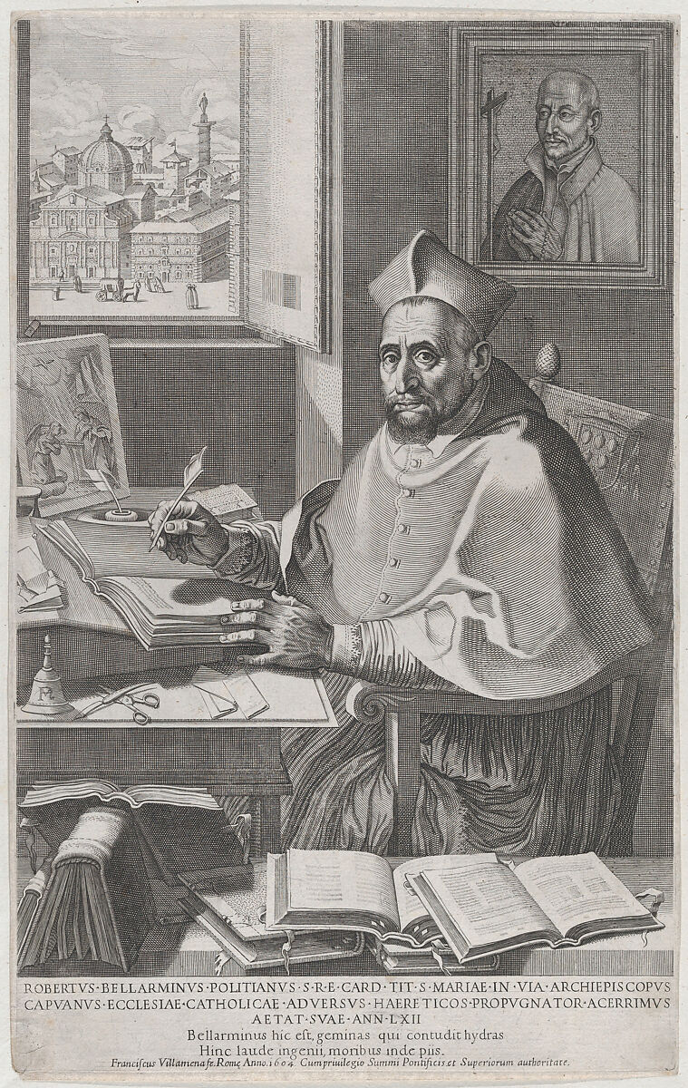 Cardinal Roberto Bellarmino at his desk, writing, Francesco Villamena (Italian, Assisi ca. 1565–1624 Rome), Engraving 